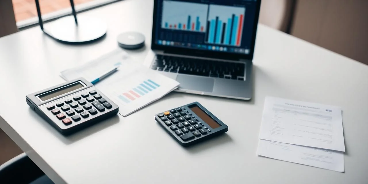 Espacio de trabajo contable profesional con calculadora, documentos y laptop con gráficos
